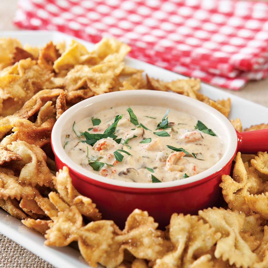 Crawfish Dip With Fried Bow Tie Pasta