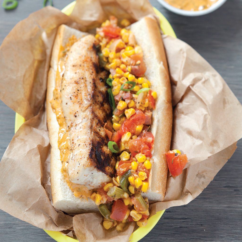 Grilled Amberjack Po' Boy with Maque Choux