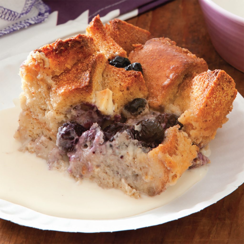 Blueberry White Chocolate Bread Pudding with Amaretto Cream Sauce