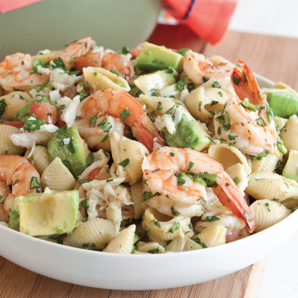 Crab, Shrimp, and Artichoke Pasta Salad with Lemon Basil Dressing