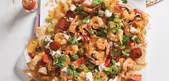 Gumbo Nachos - Louisiana Cookin' As Carnival Season reaches fever pitch, parades, parties, and other get-togethers seem to spring up every day. This recipe for Gumbo Nachos is a bold, fun dish that you can whip up in a jiffy. Get more great Cajun and Creole recipes in Louisiana Cookin's January/February 2017 issue. Now on newsstands! gumbo nachos