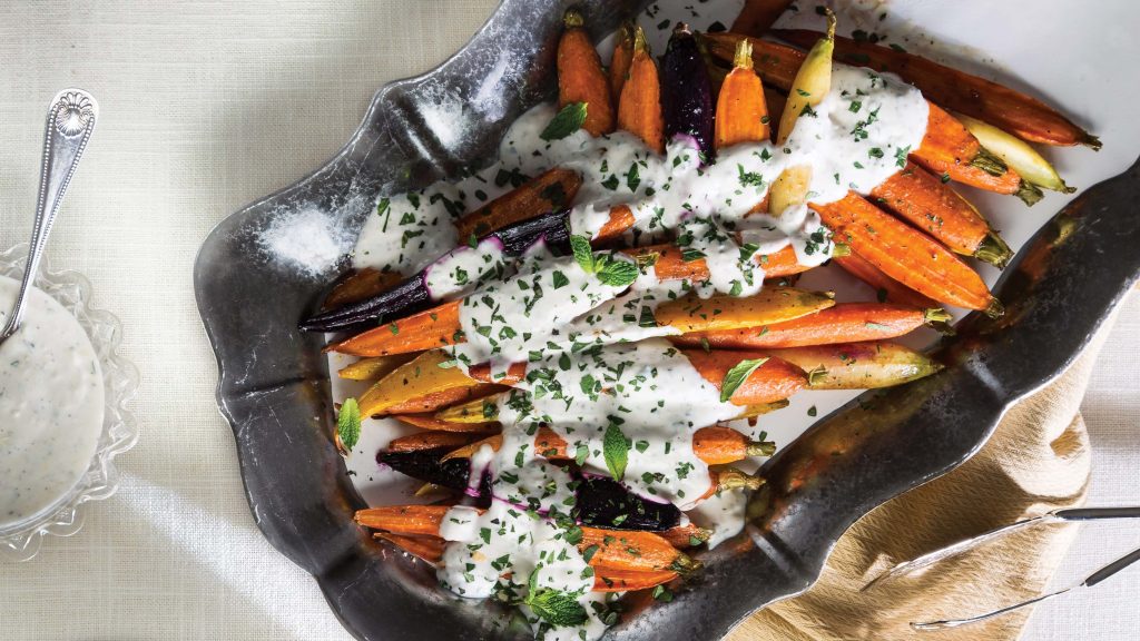 Cane Syrup-Roasted Carrots with Garlic-Herb Yogurt Sauce