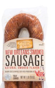 Sausage and Greens with Cheese Grits - Louisiana Cookin' We used New Orleans Smoked Sausage, the first food-retail product whose proceeds go to Hogs for the Cause, in this simple but decadent dish. Sausage and Greens with Cheese Grits Serves: 6-8 servings Ingredients 16 ounces Hogs for the Cause New Orleans Smoked Sausage, cut into ½-inch slices 1 cup chopped onion ½ cup chopped 