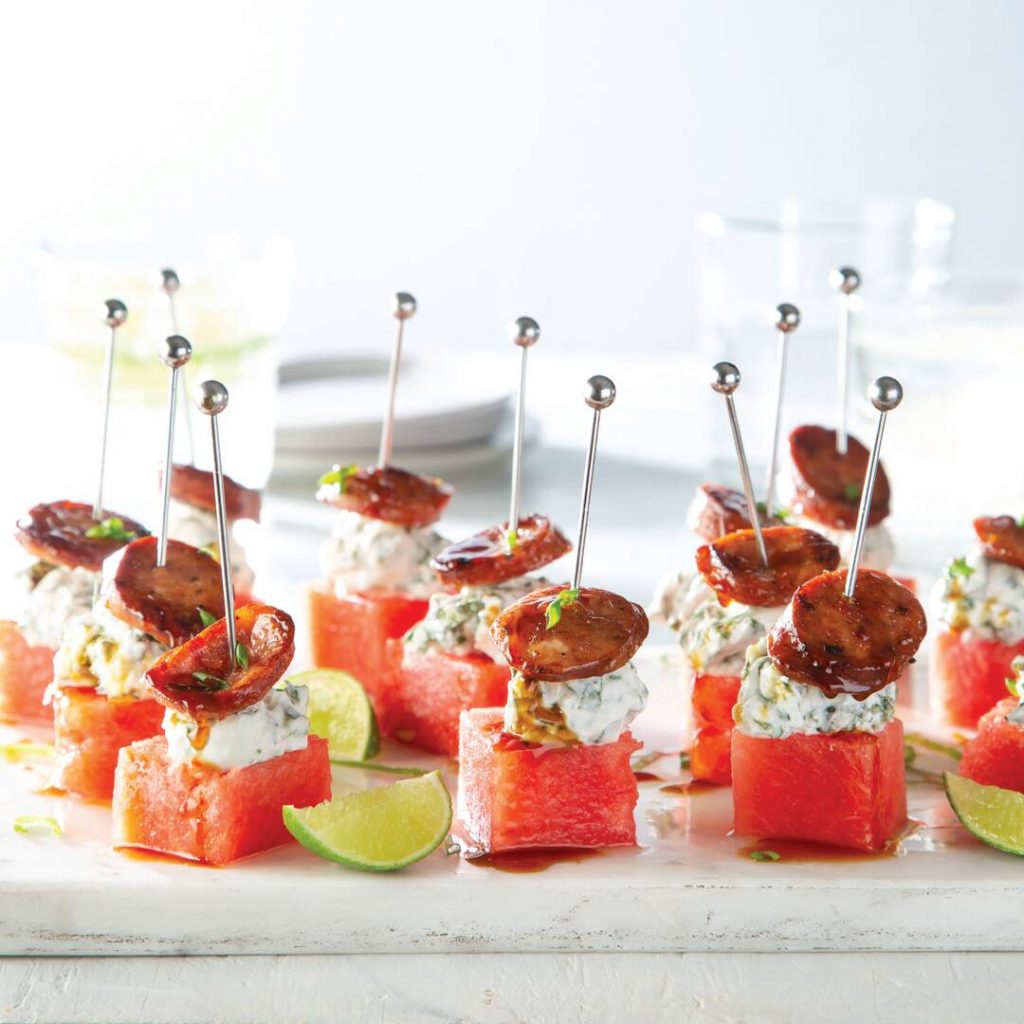 Watermelon, Andouille, and Creole Cream Cheese Bites