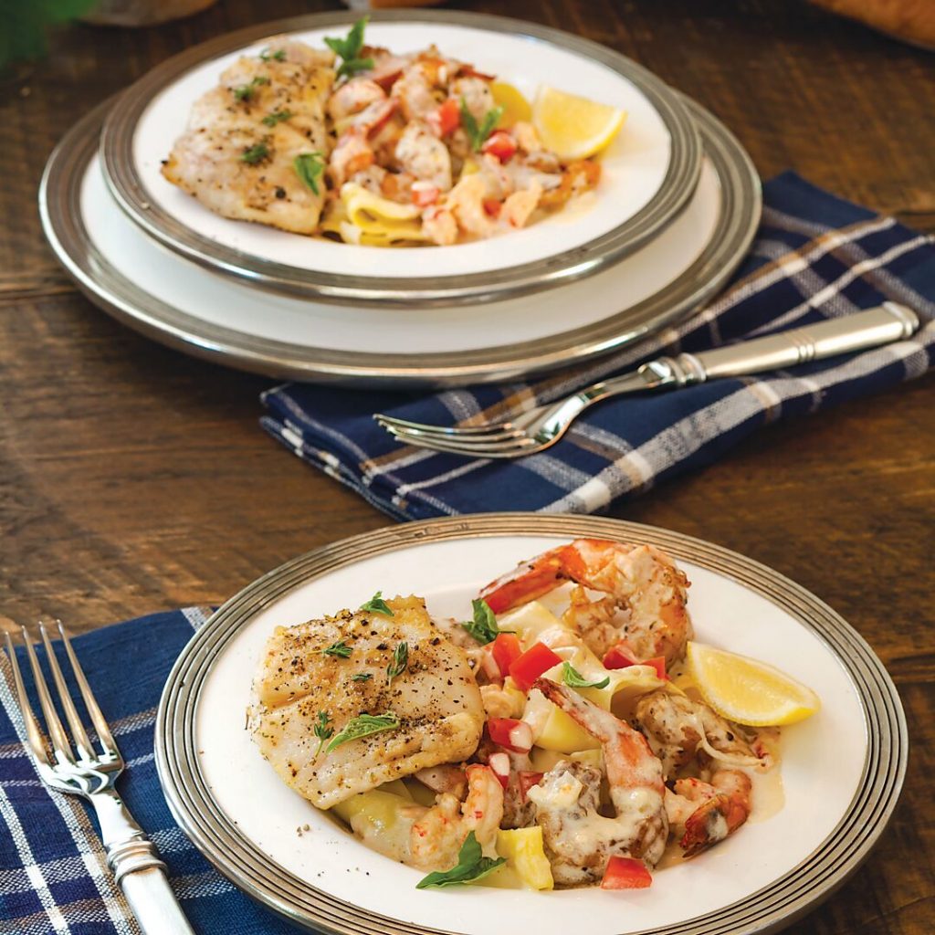 Blackened Shrimp and Crawfish Pasta with Lemony Redfish