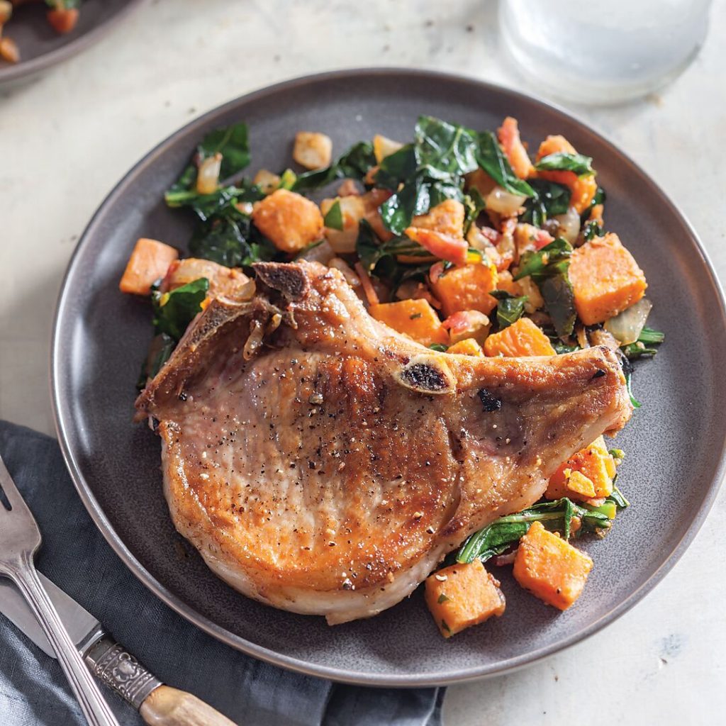 Pork Chops with Sweet Potato and Greens Hash