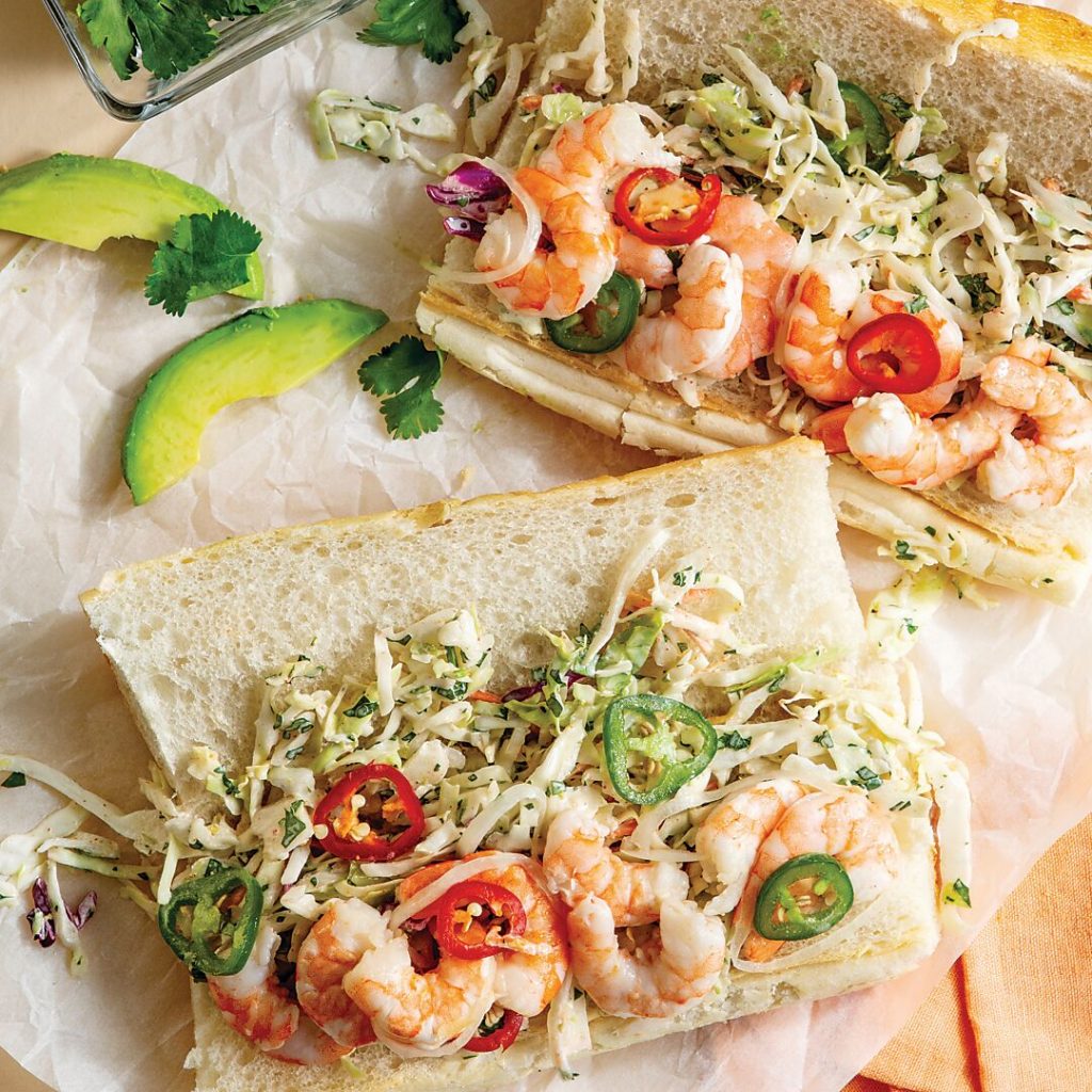 Pickled Shrimp Po' Boys with Spicy Avocado Slaw