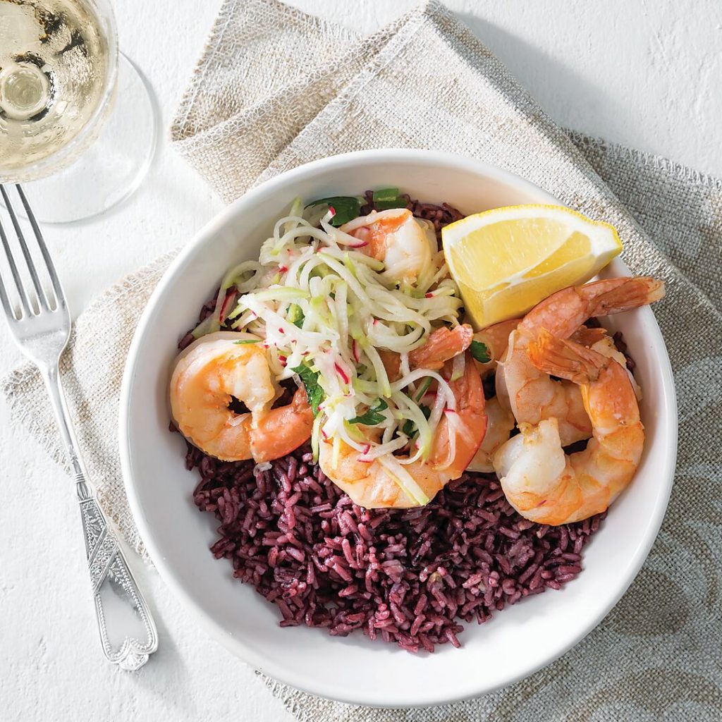 Roasted Shrimp and Mirliton Slaw over Lemon Purple Rice