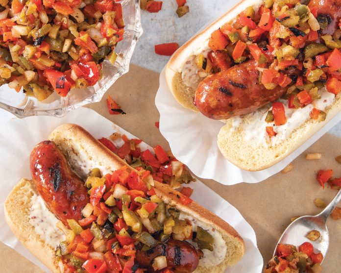 Grilled Andouille with Grilled Pepper Relish