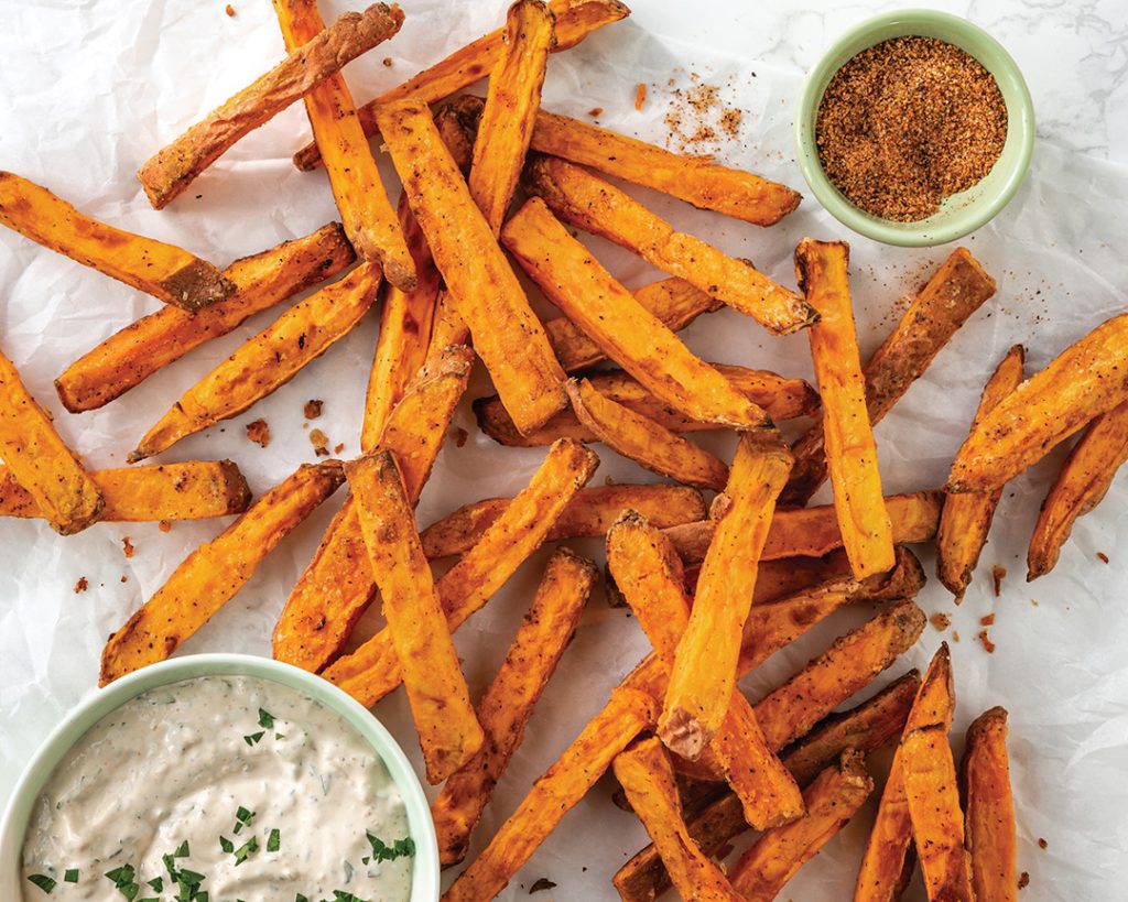 Air-Fried Sweet Potato Fries with Charred Green Onion Dip