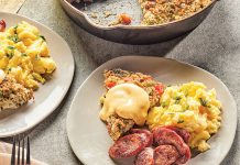 Boudin Cake with Wispy Scrambled Eggs, Andouille, and Blender Hollandaise boudin cakes