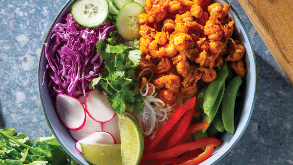 crawfish noodle bowl: Cane-Miso Dressing adds a touch of sweetness to this Cajun-Asian noodle mash-up.