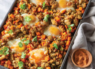 Crispy Sheet Pan Boudin and Sweet Potato Hash with Fried Eggs Sheet pan meals make mealtime a breeze, especially breakfast. Sweet potato hash and crumbled boudin create crispy nests for fried eggs in a couple easy steps.