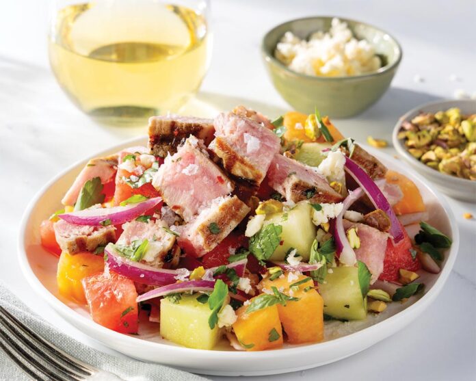 Grilled Yellowfin Tuna with Melon and Feta