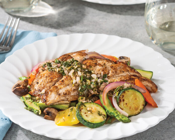 Seared Red Snapper with Veggies and Lemon-Herb Sauce