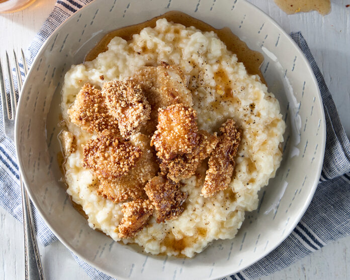 Catfish Nuggets with Rice Grits and Hot Honey