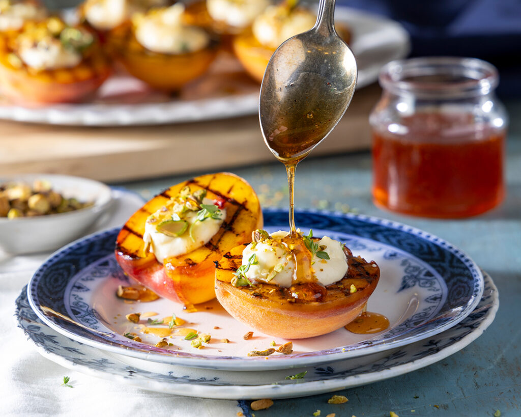 Grilled Peaches with Whipped Ricotta and Spicy Honey
