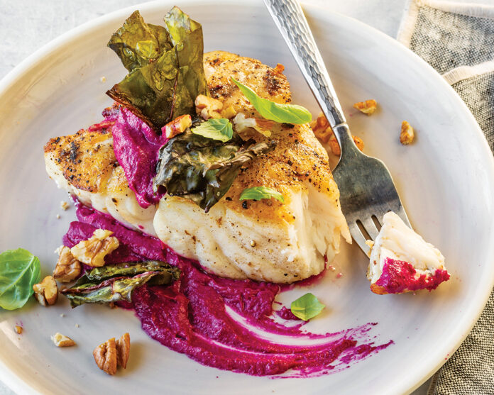 Seared Grouper with Beet and Pecan Romesco