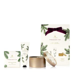 Thymes Fraiser Fir Hand Cream Travel Tin Candle Jar and Bar Soap Gift Set
