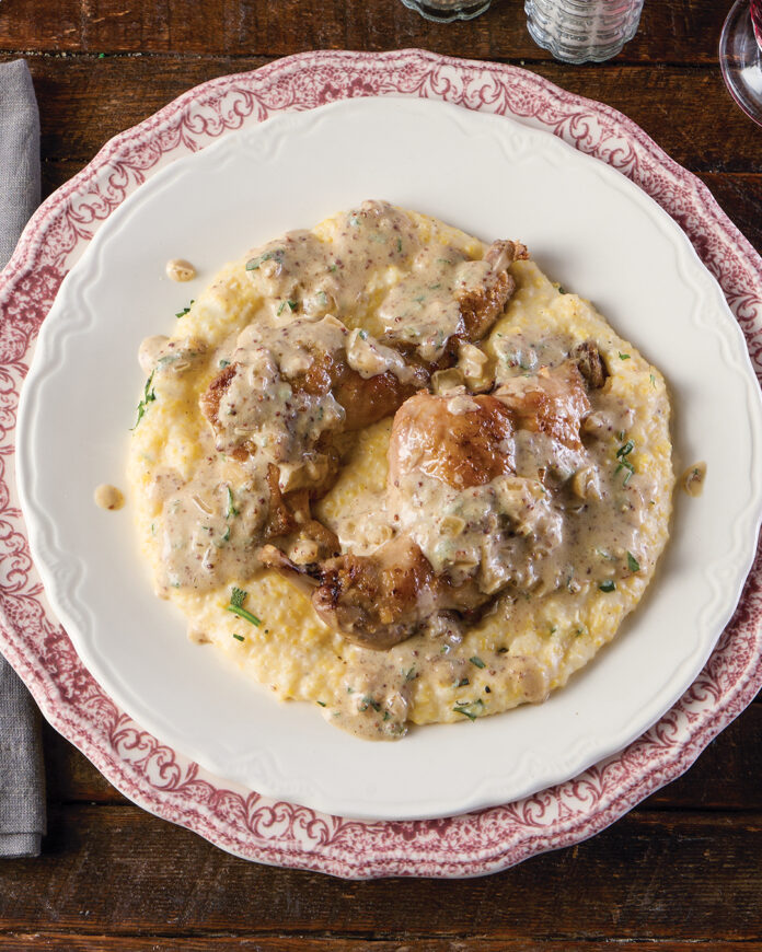 Pan-Fried Rabbit with Creole Mustard Sauce and Herbed Grits