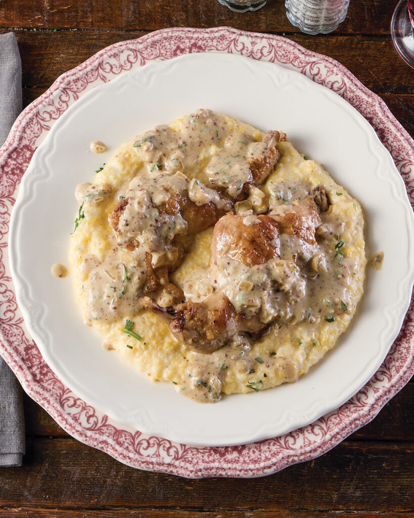 Pan-Fried Rabbit with Creole Mustard Sauce and Herbed Grits
