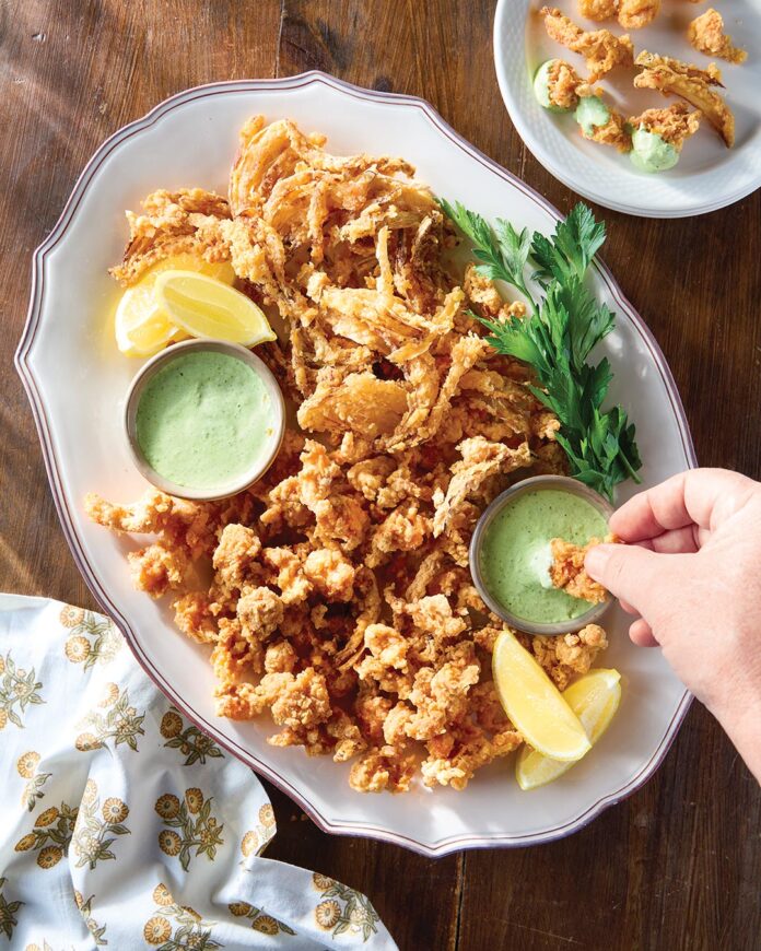 Crispy Fried Onions and Crawfish Tails