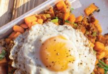 Bourbon Cane Syrup Sweet Potato Hash with Spicy Pork Sausage and Egg Bourbon Cane Syrup Sweet Potato Hash with Spicy Pork Sausage and Egg