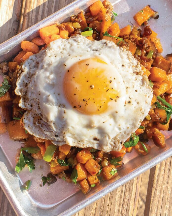 Bourbon Cane Syrup Sweet Potato Hash with Spicy Pork Sausage and Egg