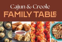 Big Flavor Down the Bayou (And Beyond) Header banner reading 'Cajun & Creole Family Table' with a collage of Cajun dishes below (appetizers, fried pastries, stuffed tomatoes, and a seafood dish).