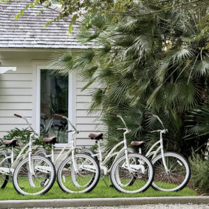 Unknown-4 - Louisiana Cookin' Weekend Away: Press Pause in Fairhope, Alabama - Louisiana Cookin' A gentle weekend escape to a city full of coastal charm. Five white bicycles with brown seats lined up on a green lawn in front of a beige house with palm trees overhead and lush foliage nearby.