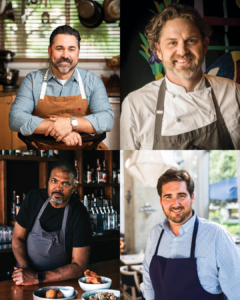 Untitled design 32 - Louisiana Cookin' Making Waves: Louisiana’s Own Culinary Trailblazers - Louisiana Cookin' Louisiana-born chefs making their mark across the South. Collage of four food industry professionals: top-left a man in a blue shirt and brown apron in a kitchen; top-right a smiling chef in a white coat and apron; bottom-left a bartender leaning at a bar; bottom-right a man in a check shirt with a navy apron outdoors.