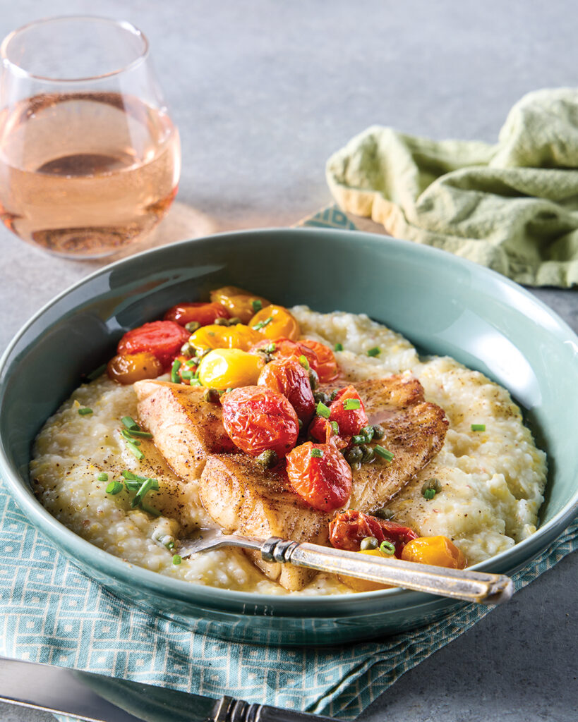 Pan-Seared Redfish with Blistered Tomatoes and Smoked Gouda Grits