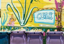How Glass Half Full Is Transforming Glass Recycling Across the Gulf South Colorful street mural on a yellow wall with large green plant shapes and a blue-framed word 'CLEAR'; in front are four purple recycling bins overflowing with plastic bottles beside a chain-link fence.